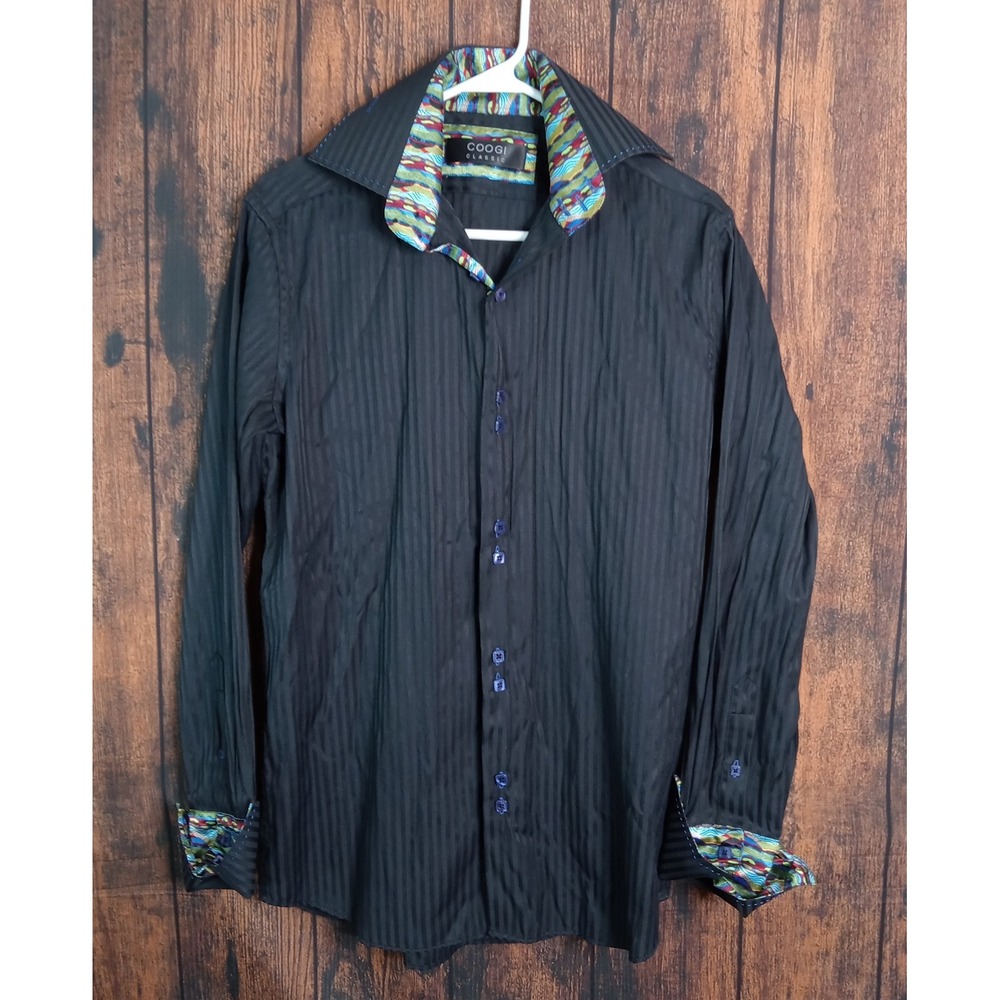 Coogi Classic Mens Black Striped Button Down Shirt Multi Color Cuff Small 15 32